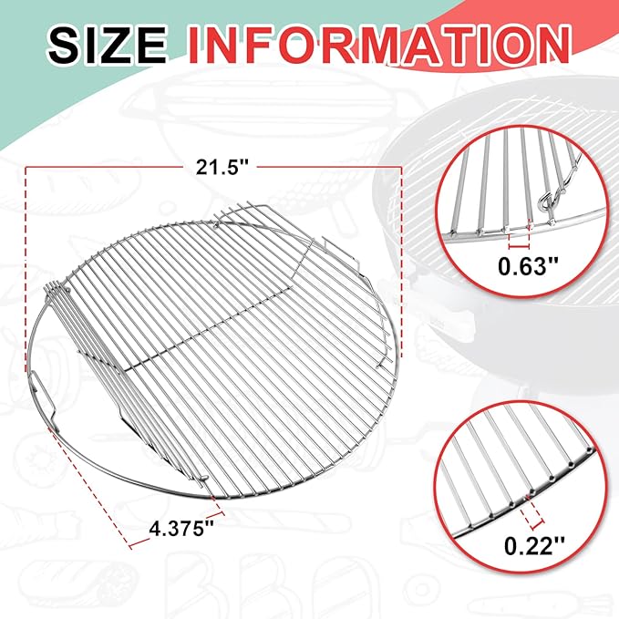 7436 Hinged Cooking Grate for Weber 22 Inch Original Kettle Charcoal Grills, Round Replacement Grate for Weber Performer, Master-Touch, Bar-B-Kettle, Jumbo Joe Premium & Other 22 Inch Charcoal Grills