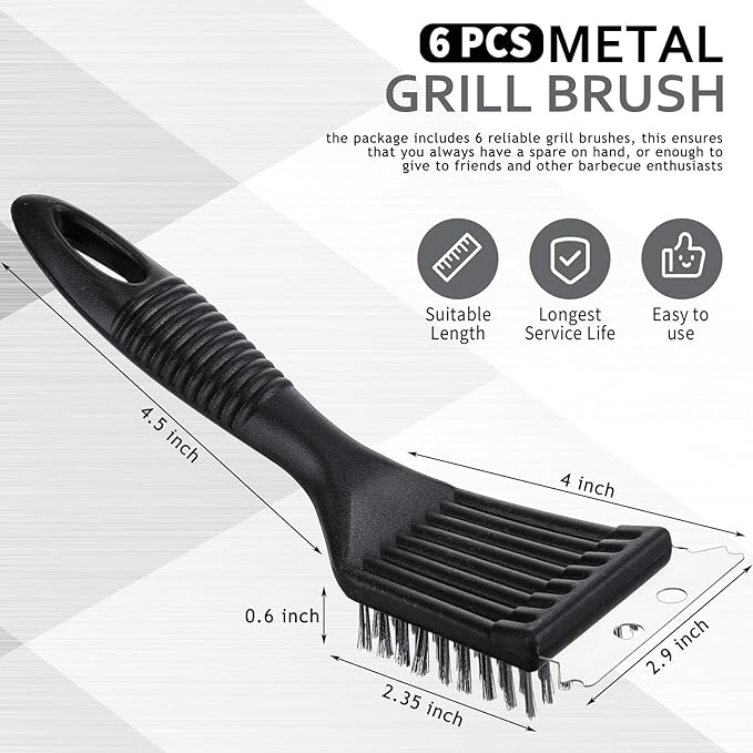 Sliner 6 Pcs 8 Inch Grill Brush with Scrap Black Scrubbing Stainless Steel Wire Grill Cleaner Brush BBQ Accessories for Indoor Outdoor Grate Remove Grease Burnt Food