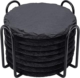 Slate Drink Coasters with Metal Holder, GOH DODD Set of 8 Black Coasters, 4 Inch Stone Coaster Set Tabletop Protection for Home Kitchen Apartment Bar Decor Housewarming Gifts Wedding Party, Round