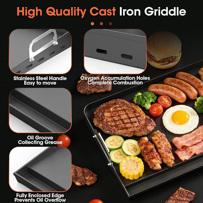 EUTRKei 23" x 16" Nonstick Griddle for Gas Grill, Heavy-Duty Cast Iron Griddle for Stove Top with Grease Groove, Reinforced Flat Top & Effortless Cleanup, for Parties, Camping &Tailgating