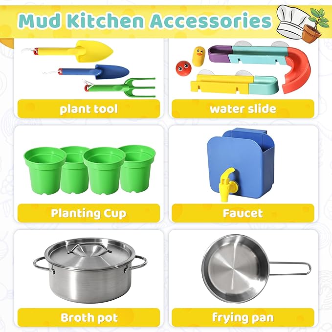 Wooden Outdoor Mud Kitchen for Kids, Pretend Play Kitchen Playset with Removable Sink, Faucet, Stove Top, Planting Area & Cooking Accessories, Toddler Gift for Boys Girls Ages 3+ (Green)