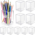 10 Pack Clear Acrylic Pen Holder for Desk, Pencil Cup Makeup Brush Organizer, Square Acrylic Pencil Holders for Office School Home Supplies, Desktop Stationery Organizer for Pens Markers Brushes