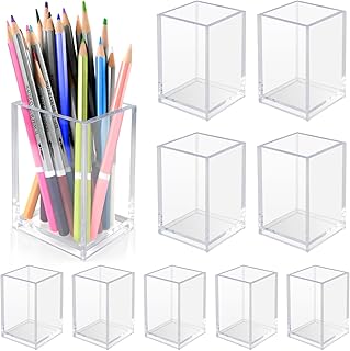 10 Pack Clear Acrylic Pen Holder for Desk, Pencil Cup Makeup Brush Organizer, Square Acrylic Pencil Holders for Office School Home Supplies, Desktop Stationery Organizer for Pens Markers Brushes