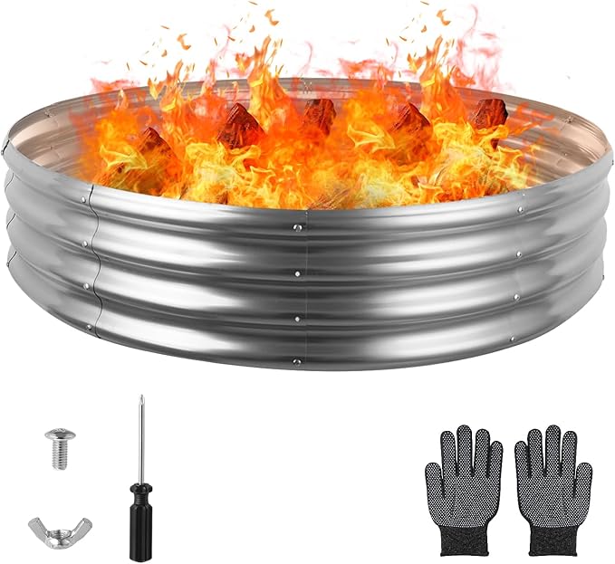 Raynesys 60 Inch Round Galvanized Fire Pit Ring, Silver Round Galvanized Fire Ring, 5 Feet Diameter Fire Pit, Outdoor Pits for Backyard, Camping, Bonfire