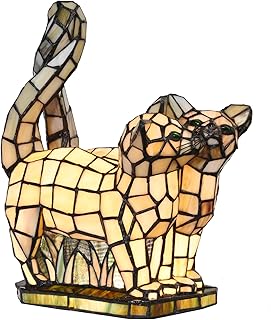 Bieye L10771 Cats in Love Tiffany Style Stained Glass Accent Table Lamp Night Light for Home Decoration (Two Cats, Yellow)