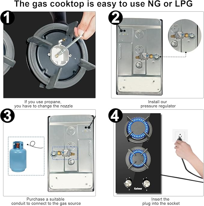 Karinear Gas Cooktop 2 Burner Propane Cooktop, 12 Inch LPG/NG Dual Fuel Gas Stove Top, Built-in Tempered Glass Gas Cooktop for Apartment, Indoor, RV