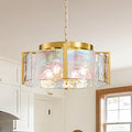 Modern Round Chandeliers for Dining Room: 4-Light Brushed Gold Drum Lights Entryway Light Fixture Hanging - kitchen Chandelier Over Table - Stained Glass Lamp for Bedroom Living Room Foyer Bathroom