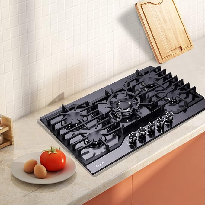 30 Inch Gas Cooktop, 5 Burners Built-in Stove Top Stainless Steel (Thermocouple Protection), LPG/NG Convertible Stove Dual Fuel Sealed Gas Hob - Black