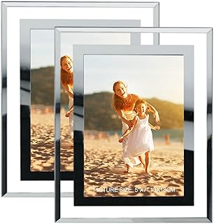 HIKWADERY 5x7 Picture Frames Silver - Set of 2, HD Real Glass 5 by 7 Photo Frame Mirrored Edge for Tabletop Display, Wedding Birthday Mothers Day Gifts (5 x 7, Silver)