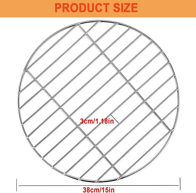 15 Inch Grill Grate, Round Fire Pit Replacement, Stainless Steel BBQ Cooking Grid, Non-Stick Camping Grill for Outdoor, Backyard & Party Use, Fits Round Fire Pits & Portable Cookware