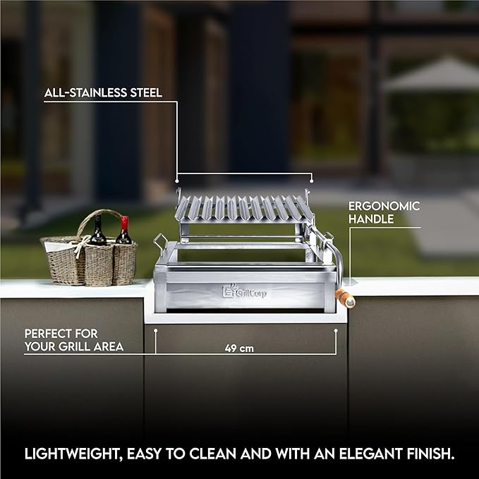 Junior Argentine Grill – Portable & Built-in 100% Stainless Steel BBQ with Lifting System & Drip Pan – Fits Junior Grillcorp Roasting Box – Outdoor Cooking & Camping Accessory