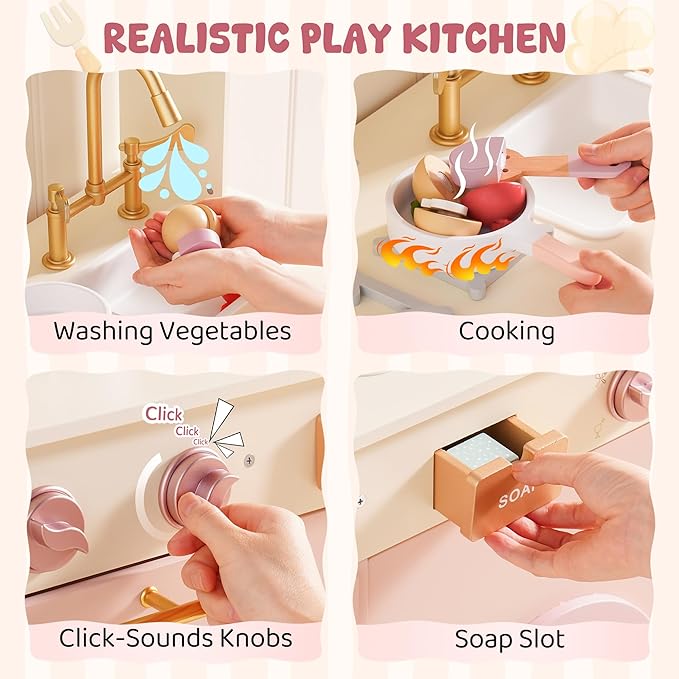 ROBOTIME Kids Play Kitchen, Modern Wooden Toy Kitchen with Ice Maker, Coffee Maker, Oven, Microwave, Toaster, Stove, Dishwasher & Sink, Ultimate Kids Kitchen Playset for Ages 3+