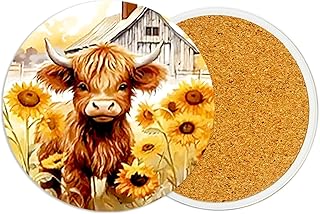 2Pack Highland Cow Ceramic Coasters Absorbent Coasters for Drinks with Cork Base,Coaster for Table Office Desk Coffee Cup Wine Beer Bar Cup Mat 3.9 Inch,Highland Cow Gifts for Women,Men