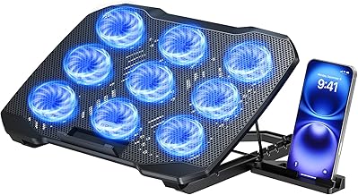 TECKNET Laptop Cooling Pad with Phone Stand, 9 Quiet Fans with LED Lights, 5 Height Adjustable & 2 USB Ports, Stepless Speed Control to 2600 RPM Laptop Cooler, Laptop Cooling Stand for 12-17.3 Inch