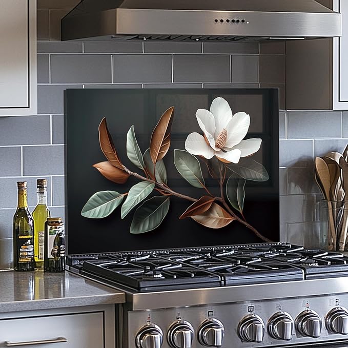 Evgosm Tempered Glass Backsplash for Kitchen， Stove Splashback, Flowers Glass Backsplash, Easy to Install and Clean, Used for Kitchen Wall Protection and Decoration. (30x30'')
