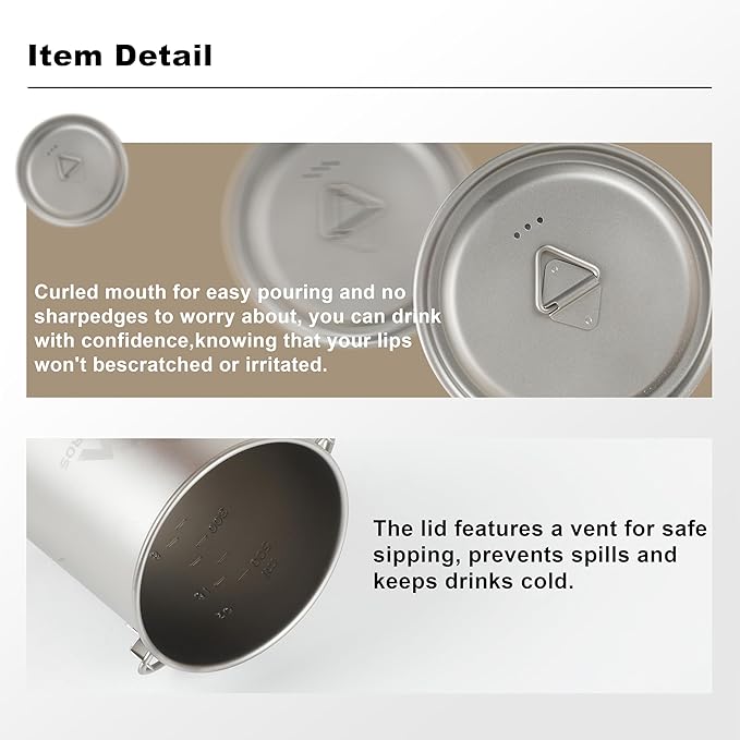 THTYBROS Titanium 750ml Pot with Titanium Spork, Ourdoor Solo Camping Mug, Hanging Cup Spork Kits