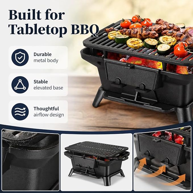 Hibachi Grill Outdoor, Portable Mini Charcoal Grill, Pre-Seasoned Cast Iron, Small Japanese Yakitori Tabletop Skillet Grill Stove for Outdoor Camping
