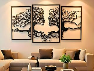 VAILLA Tree of Life Wall Wooden Art Abstract Tree Man Woman Face Large 3D Wooden Wall Decor Set of 3 Hanging Sculpture Modern Home Decoration 3D Textured Sculptures for Living Room Bedroom Office Dinnig Room (71"L x 39"W)
