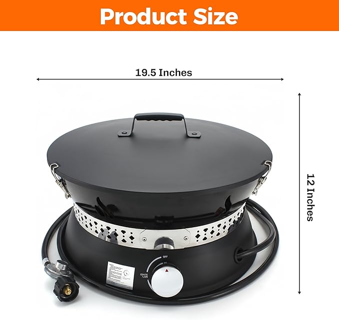 19" Propane Gas Fire Pit with Auto Flame-Out Gas Shut-Off, Portable with Lid & Carry Handle, 58,000 BTU, 10 FT Hose, 8 lb Lava Rocks for Camping, RV, Patio, Backyard,Propane Fire Pit for Camping