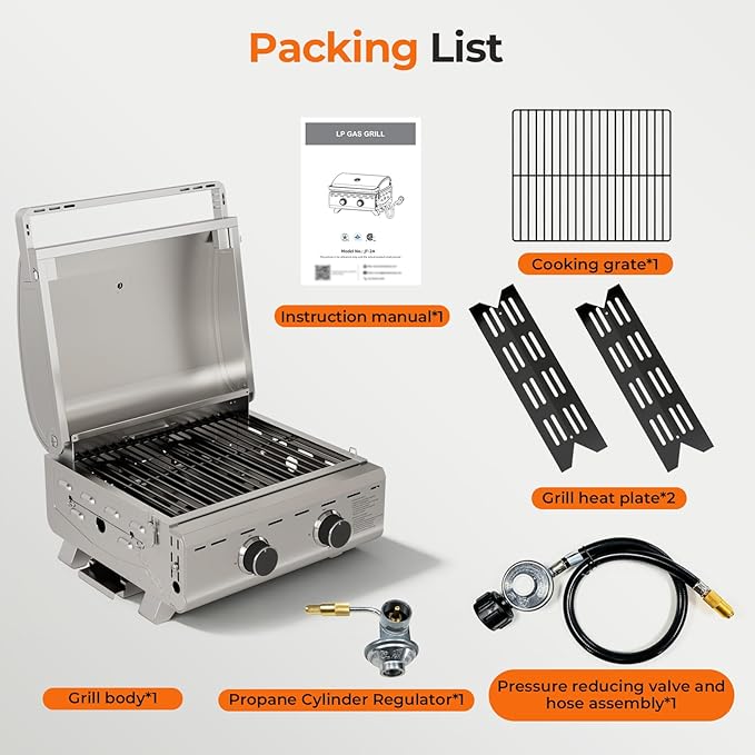 Electactic 16,000 BTUs Portable Tabletop Gas Grill, 2-Burner Propane Grill with 251 Sq.in Cooking Area, Stainless Steel BBQ Grill with Foldable Legs, Easy Assemble & Clean for Patio, Camping, Tailgate