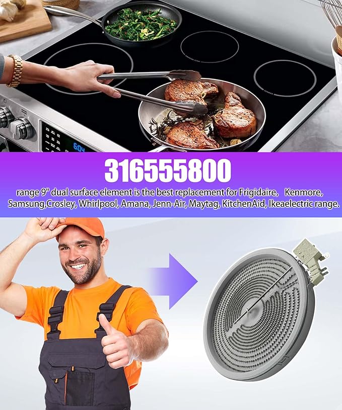 316555800 W10823692,9"/6" Dual Radiant Surface Element Compatible with Whirlpool Frigidaire Kenmore Samsung Range Stove 10" Heating Element Replaces 316224300, 316418400, 316418401（2500W/1200W, 240V）