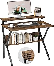 COTUBLR Small Desk, 27.5 Inch Small Computer Desk for Small Spaces, Computer Desk with Adjustable Monitor Stand, Compact Desk with Storage, Tiny Desk Study Desk for Bedroom Home Office, Rustic Brown