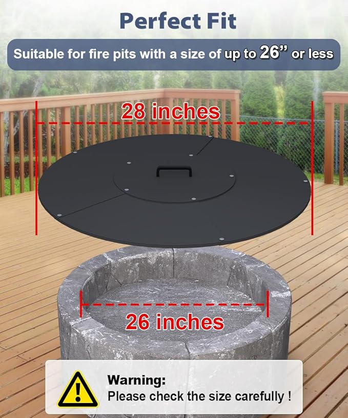 32" Round Fire Pit Lid Fits for Bonfire Pits up to 30", Metal Cover with Handle, All-Weather Resistance Outdoor Firepit Accessory, Smokeless Fire Pit Cover for Fire Tables
