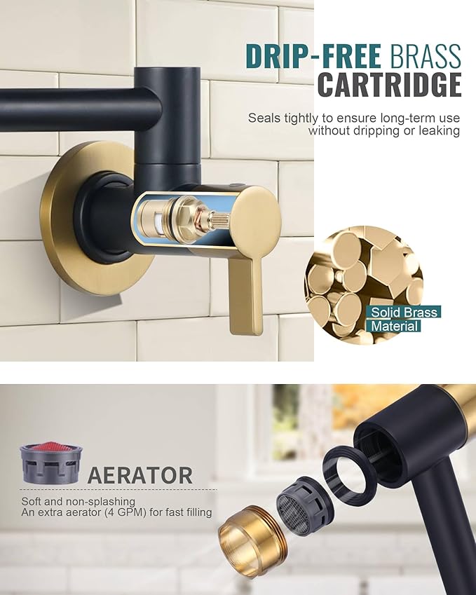 Pot Filler Faucet Black and Gold, ARCORA Modern Pot Filler Wall Mount 2 Handle with Double Joint Swing Arms Brass Stove Faucet
