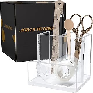 Pen Organizer for Desk-A Modern Desk Accessory w/a Removable Divider is Great as a Pen & Makeup Brush Holder-This Chic Acrylic Storage Stand Makes a Great Gift for Home/Work Space
