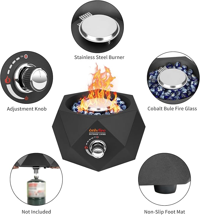 ONLYFIRE OUTDOOR LIVING 14” Modern Tabletop Fire Pit for Table with Umbrella Hole, Portable Gas Firepit for 1lb Propane Gas, Patio Backyard Porch Camping RV Tailgating, Bottom-Mounted FP003