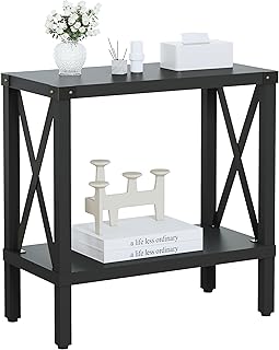 MMEOLUOOK Narrow End Table, Large Sofa Side Table, Farmhouse Nightstand with Storage Shelve, Slim Bedside Table for Living, Room Bedroom, Lounge Black MLBZ17B