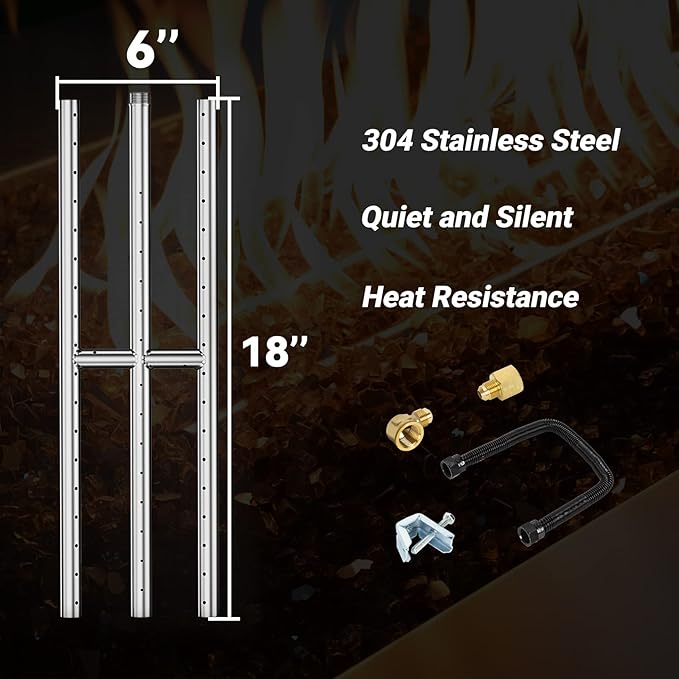 Skyflame 18" x 6" Rectangular Gas Fire Pit and Fireplace H-Burner with 3 Pipes - 304 Stainless Steel - for Indoor & Outdoor Use