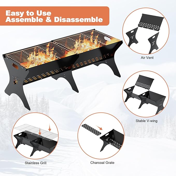Camping Campfire Grill 2 Packs | Portable Folding Charcoal Grills, Backpacking & BBQ Grill, Heavy Duty Firepit Grate Grill with Carry Bag for Outdoor Cooking, Bonfire, Patio, Backyard-31 Inch