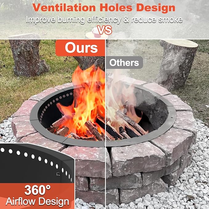Koutemie Outdoor Smokeless Fire Pit Ring Liner 43-Inch Outer/39-Inch Inner Diameter, Heavy Duty Solid Metal Steel Round Firepit Rim Insert for Outside DIY Campfire Ring Above or In-Ground, Black