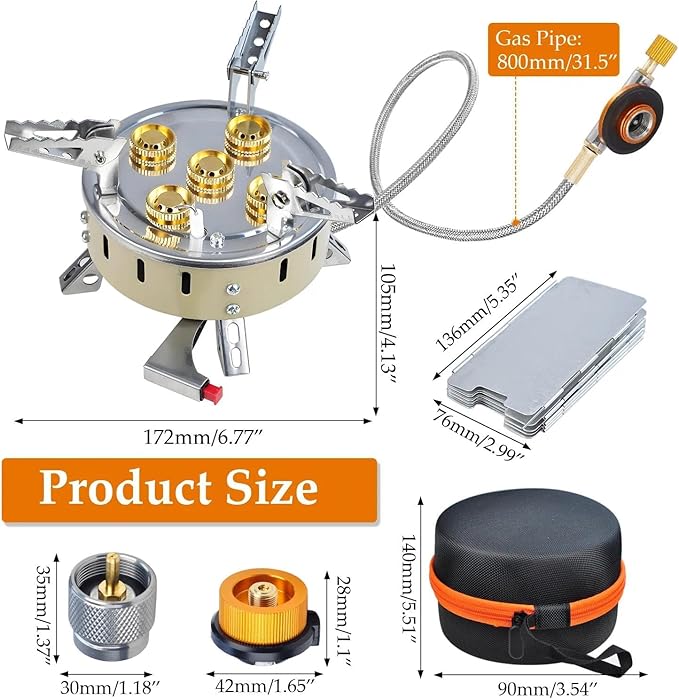 9500W Portable Windproof Camping Stove, Backpacking Camp Stove with Two Fuel Canister Adapter, Camping Gas Stoves with Piezo Ignition, Collapsible Stoves Burner for Outdoor Cooking Hiking and Picnic