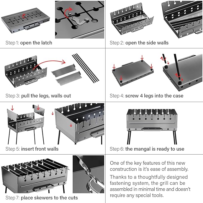 Stainless Steel Charcoal Grill for 8 Skewers – Portable BBQ 16.93"×9.45"×16.93" – Foldable Kabob Mangal – Rustproof Shish Kebab Grill for Outdoor Cooking (Skewers Not Included)