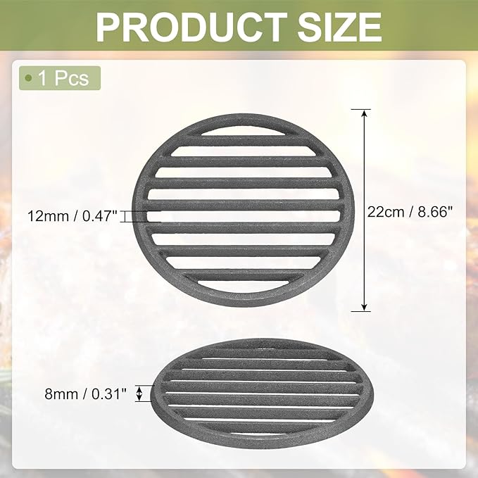 PATIKIL Cast Iron Fire Grate, 8.6" Round BBQ Grill Grate Replacement High Heat Charcoal Plate Fire Bottom Grate Grilling Accessories 6 Slots for Grilling Barbecue