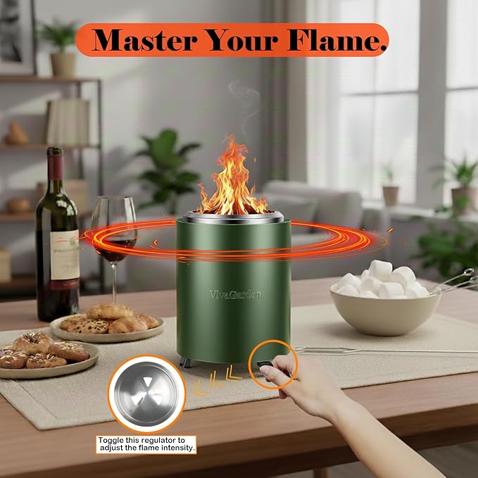Portable Tabletop Fire Pit, VivaGarden Smokeless Table Top Fire Pit, Wood Burning & Pellets Outdoor Camping Stove with Carry Bag, Forks and Mat (9.7x7.1 Inch, Green)
