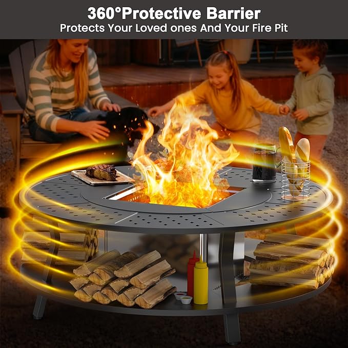 Uniflasy Smokeless Fire Pit and Fire Pit Surround Tabletop, Portable Protective Barrier Equal Width, Safety & Extra Space, 48" Outdoor Tabletop & 17" Smokeless Firepit for Backyard, Camping & Party