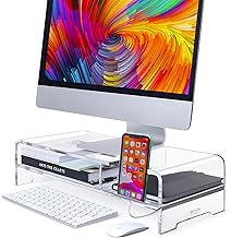 BEYGORM Acrylic Monitor Stand for Full Keyboard, 20" Wide 2-Tier Riser with Storage Shelf and Phone Holder, Desktop Organizer for Laptop, Printer, Screen (Clear)