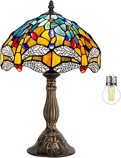 WERFACTORY Tiffany Lamp Sea Blue Yellow Stained Glass Dragonfly Style Table Lamp Nautical Reading Desk Bedside Light 12X12X18 Inches Decor Bedroom Living Room Home Office S128 Series
