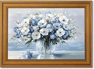 Rienkhu Gold Frame Vintage Flowers Canvas Wall Art Blue Beach Pictures Blossom Bathroom Wall Decor Modern Blue Ocean Background Artwork Prints Hanging in Office Dining Room Kitchen Bedroom 12x16in