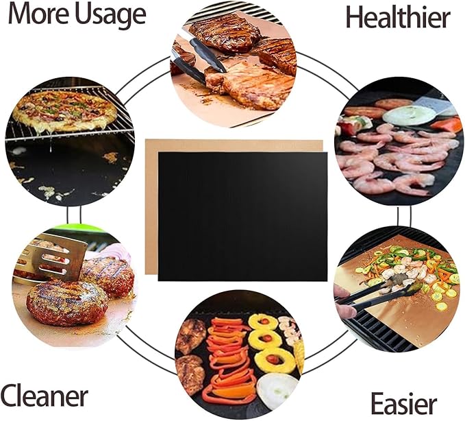 RENOOK Grill Mats for Outdoor Grill, Set of 8 （4 Black+4 Copper）BBQ Grill Mat for Outdoor Gas Grill, Non-Stick Cooking Sheets, 15.75 X 13 Inch