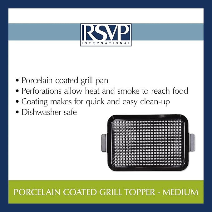 RSVP International Porcelain Coated Steel BBQ Grill Tray/Pan, Outdoor Barbeque Grilling Accessories for Cooking Fish & Vegetables, Dishwasher Safe, Medium, 16.75x10"