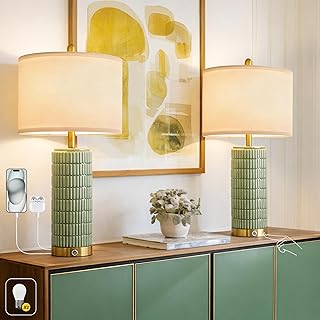 PoKat 25'' Bedside Table Lamps Set of 2 for Living Room with USB A&C Ports, Touch Lamps with 3-Way Dimmable Control for Bedroom, Farmhouse Green Lamps for Nightstand Office Hallway (Bulbs Included)