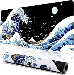 MEWOOCUE® Gaming Mouse Pad for Desk,Large Wave Mousepad Laptop,Black Japanese Anime Mouse Mat,Long XXL Waterproof Keyboard Pads,Big Non-Slip Mousepads for Game Office Home（35.4 x 15.7 in）