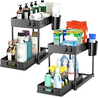 2 Pack Under Sink Organizer with Pull-Out Drawer, 2-Tier Cabinet Storage for Kitchen & Bathroom, Tool-Free Assembly, Fits Cleaning Supplies & Toiletries, Space Saving for Small Cabinets, Black