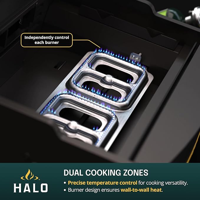 HALO Elite1B Outdoor Griddle | 2 Cooking Zones | 284sq. In. (21″ x 13.53″) Wind-Proof Cooking Surface | Portable Flat Top for Camping, Tailgates, and Patios | Propane Gas Grill | HZ-1007-ANA