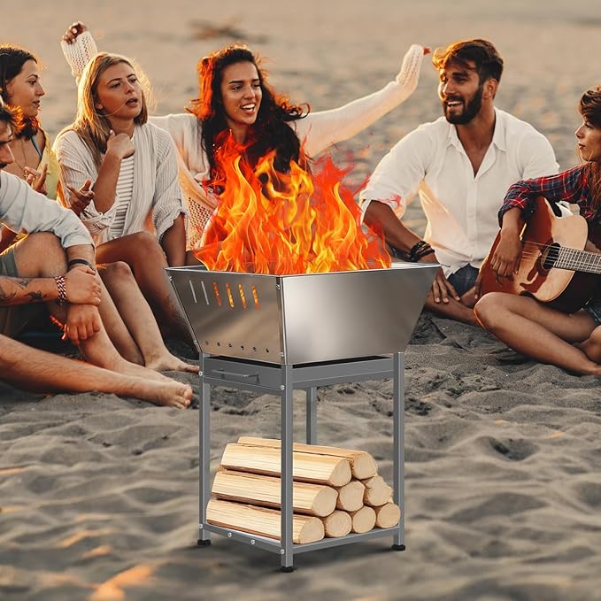 Stainless Steel Square Wood Fire Pit with Grill, 2-in-1 Outdoor Firepit with Ash Pan and Wood Storage, Portable for Backyard, Patio, Camping Use