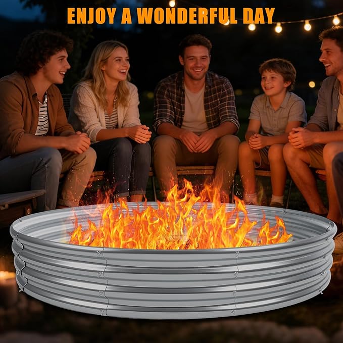 Heavy Duty 60 Inch Fire Pit Ring - 0.8mm Thick Galvanized Steel, Rust Resistant, Tool-Free Assembly, Large Outdoor Fire Pit for Camping, Backyard, Patio, Garden, Also Use as Planter